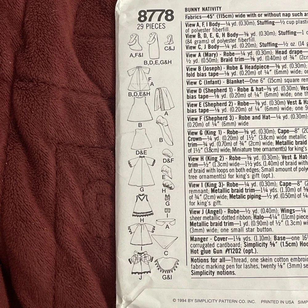 Simplicity 8778 Bunny Nativity UNCUT Sewing Pattern CHRISTMAS‎ DECOR VTG 1984